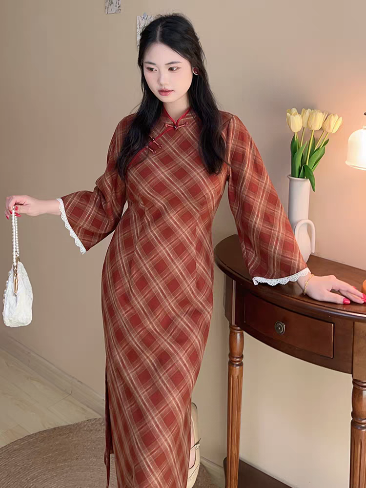 Gaun cheongsam kotak-kotak gaya Cina lengan besar untuk wanita bersaiz besar, L-5XL