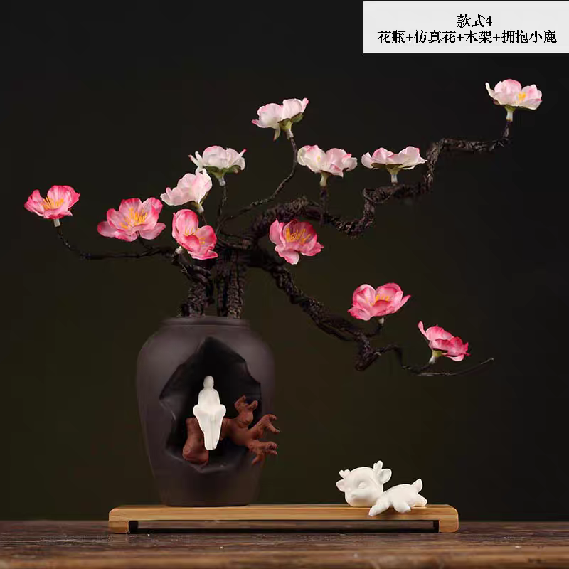 Pasu bunga seramik inspirasi Zen Cina untuk bunga kering, hiasan meja ruang tamu, pasu kecil, hiasan kraftangan.