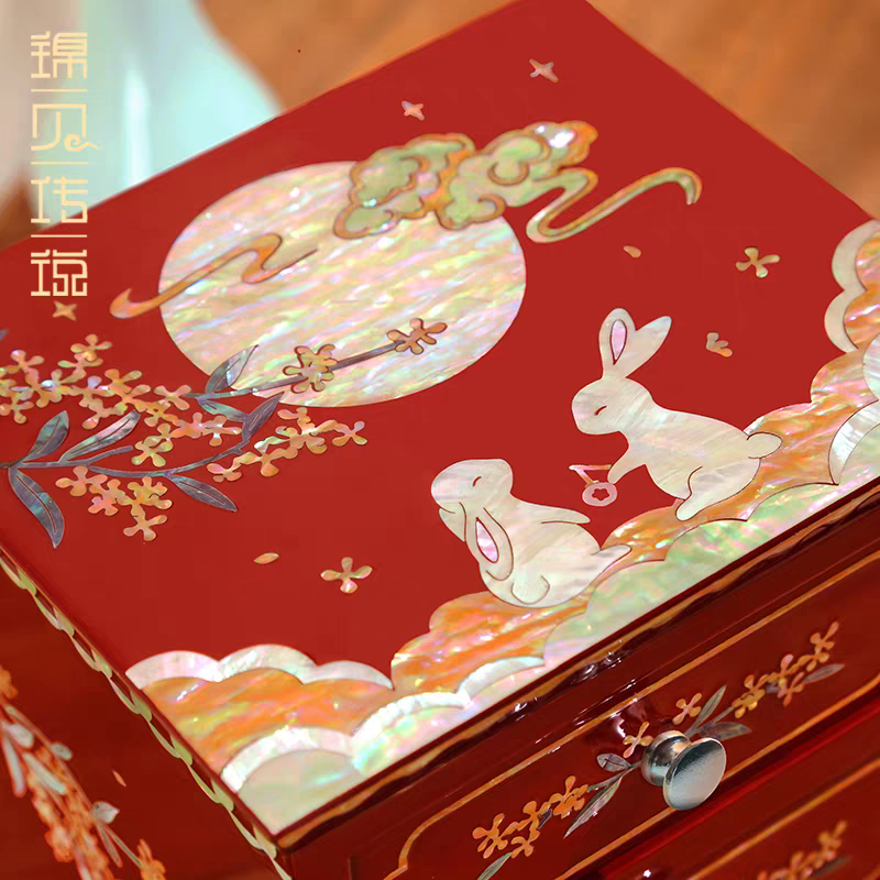 Mother-of-Pearl Inlaid Lacquerware Jade Rabbit Jewelry Box