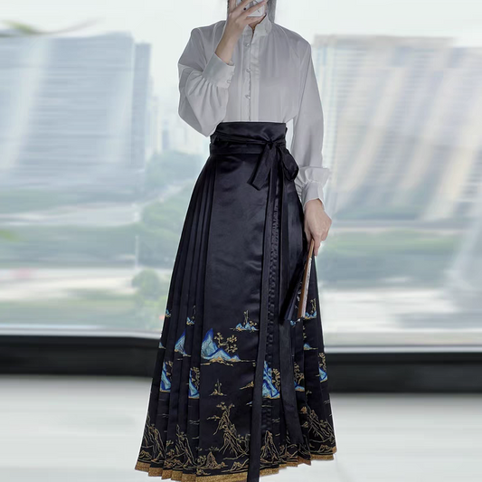 Jupe hanfu à col montant et à plis verticaux assortie S-XL