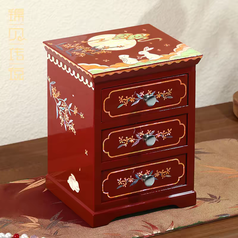 Mother-of-Pearl Inlaid Lacquerware Jade Rabbit Jewelry Box
