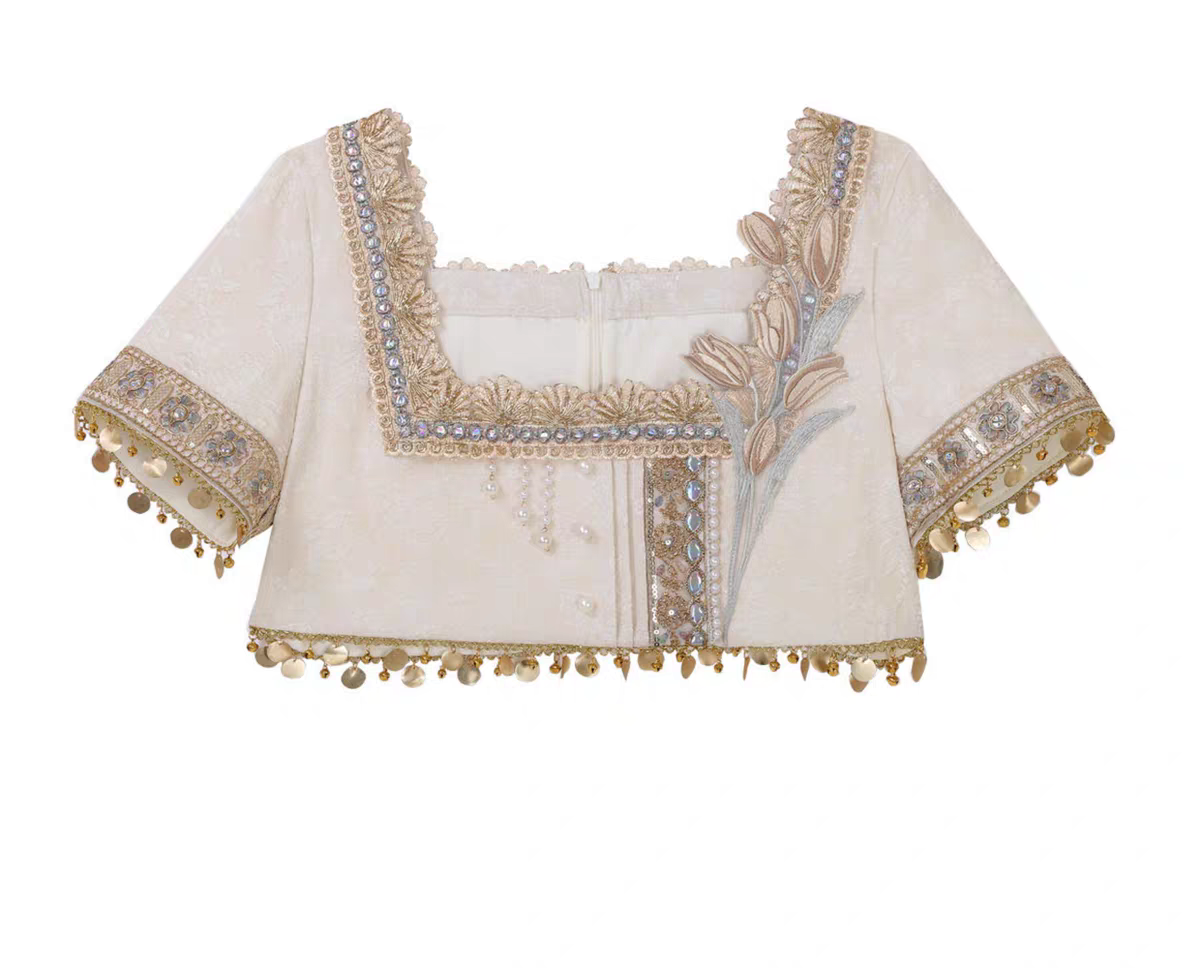 Modernized Hanfu-inspired dress with Chinese motifs