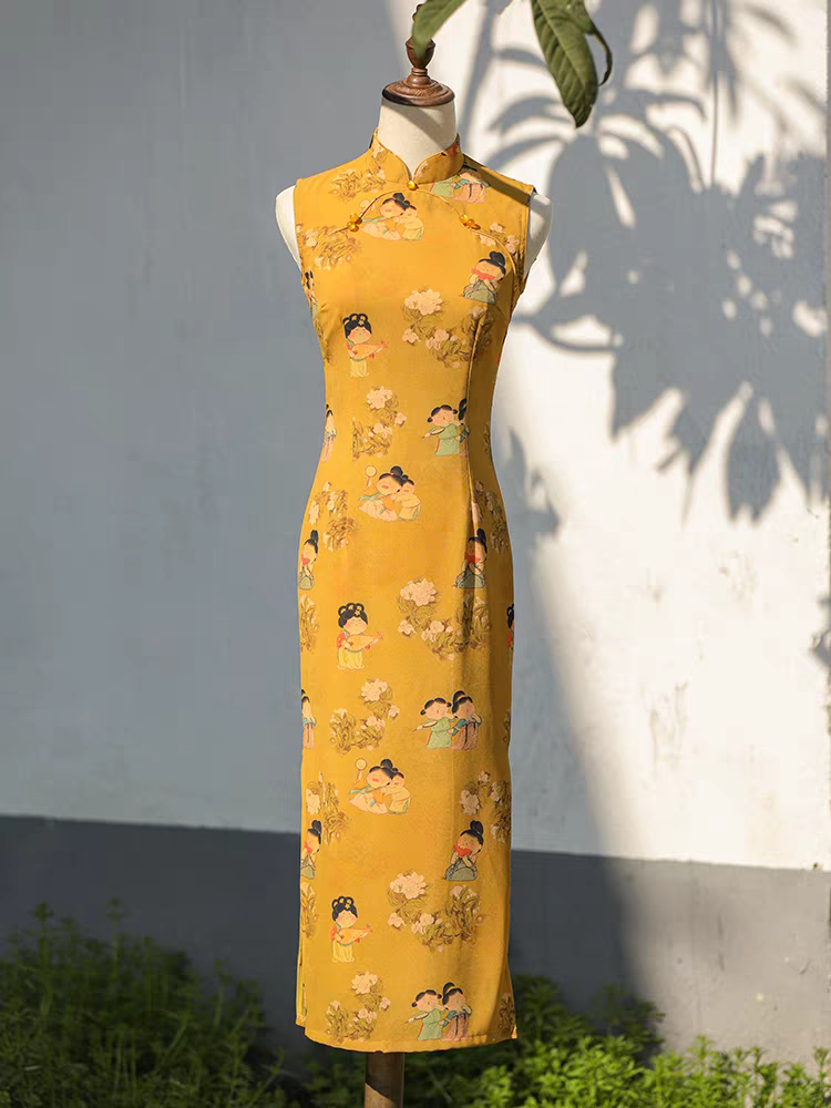 Gaun cheongsam kuning tanpa lengan gaya retro Cina ala Dinasti Tang baharu, saiz S-2XL.