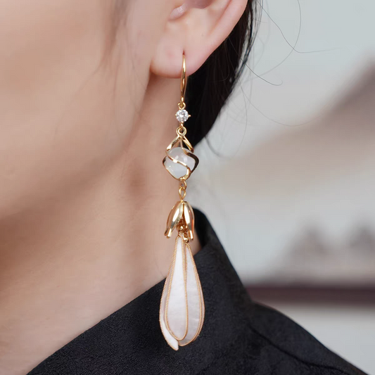 Chinese Ronghua Flower Earrings | Traditional Chinese Handmade Floral Earrings | Elegant Cultural Gift