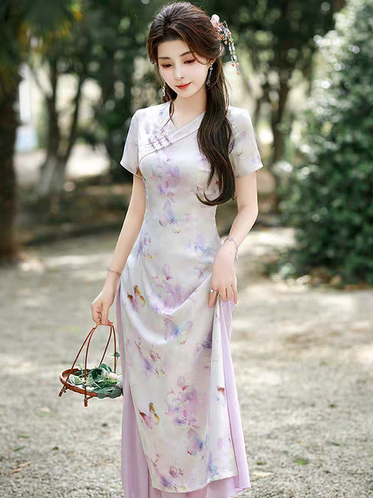 蝴蝶改良旗袍新中式复古连衣裙M-4XL