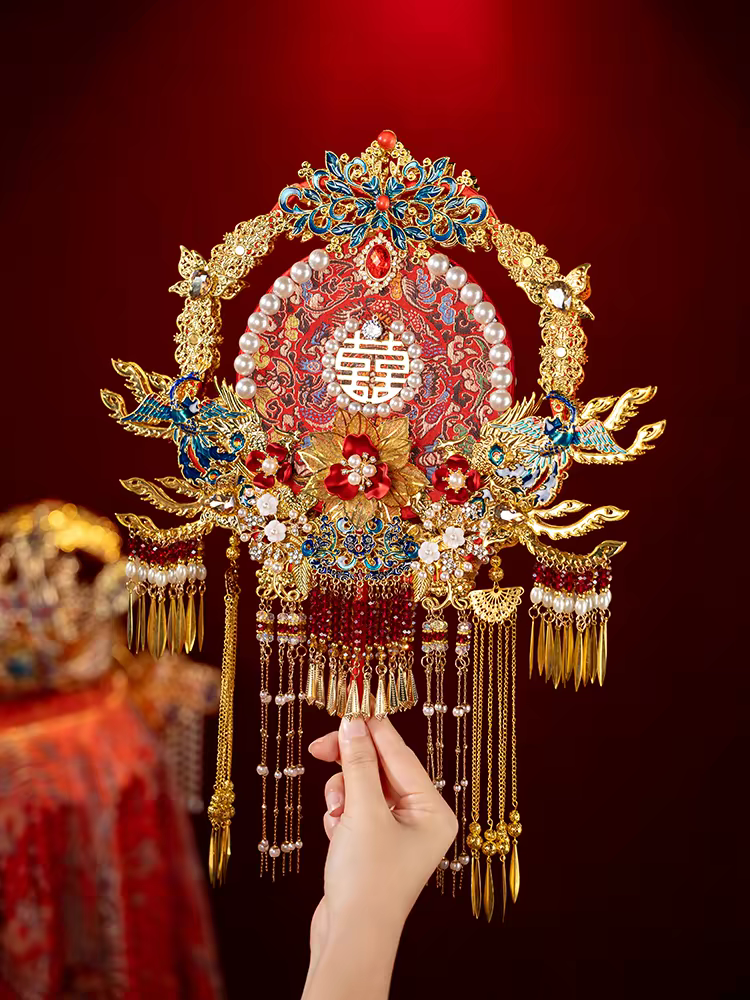 Chinese Wedding Fan for Bride | Double-Sided Round Fan with Traditional Xiuhé Embroidery Design | Wedding Ceremony Hand Fan