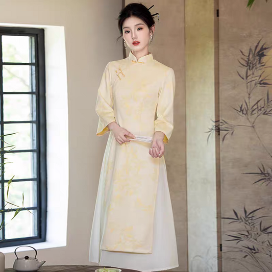 黄色新中式改良旗袍S-3XL