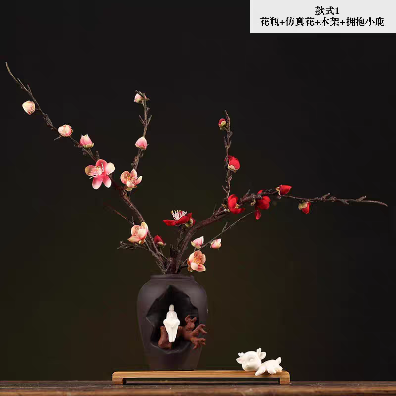Pasu bunga seramik inspirasi Zen Cina untuk bunga kering, hiasan meja ruang tamu, pasu kecil, hiasan kraftangan.