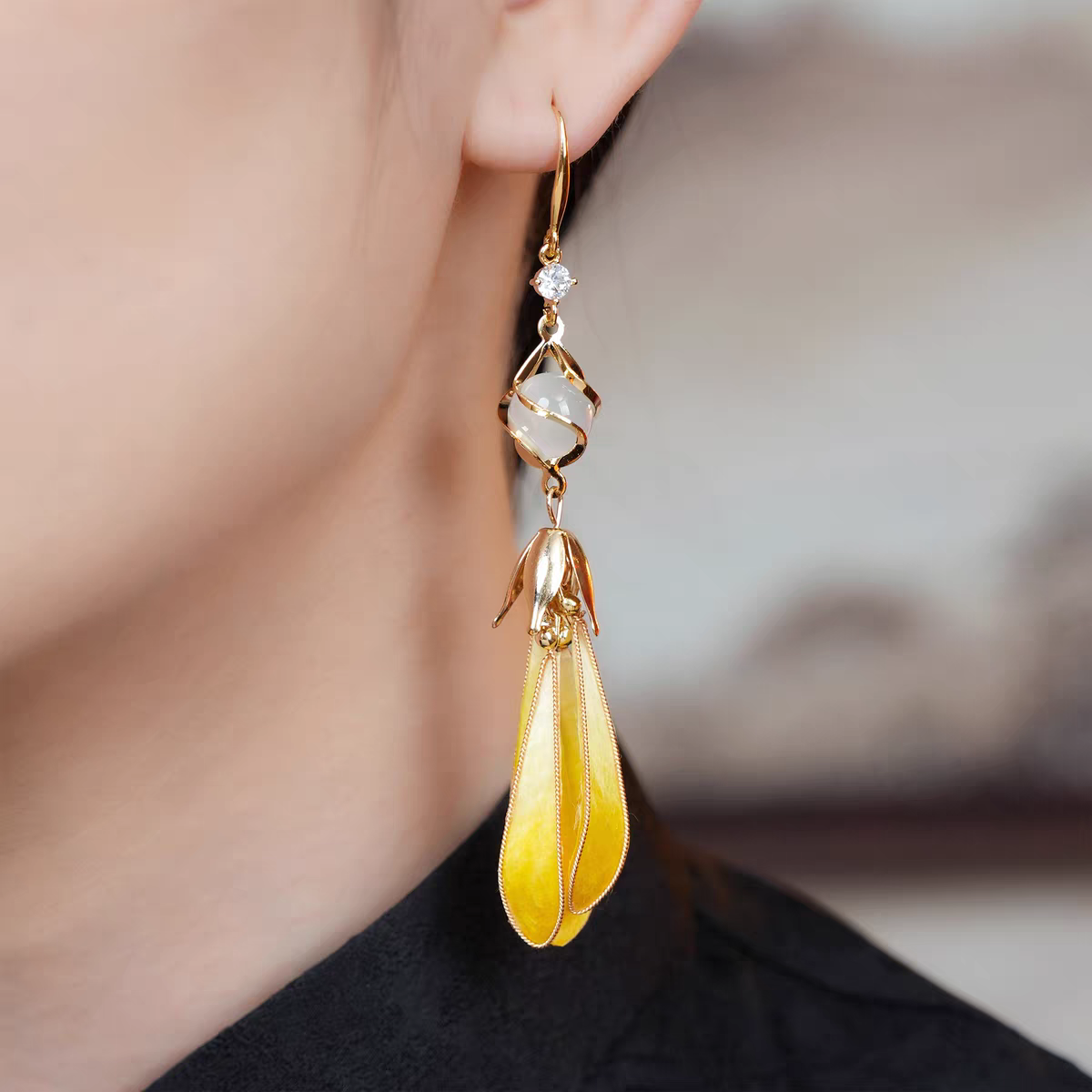 Chinese Ronghua Flower Earrings | Traditional Chinese Handmade Floral Earrings | Elegant Cultural Gift