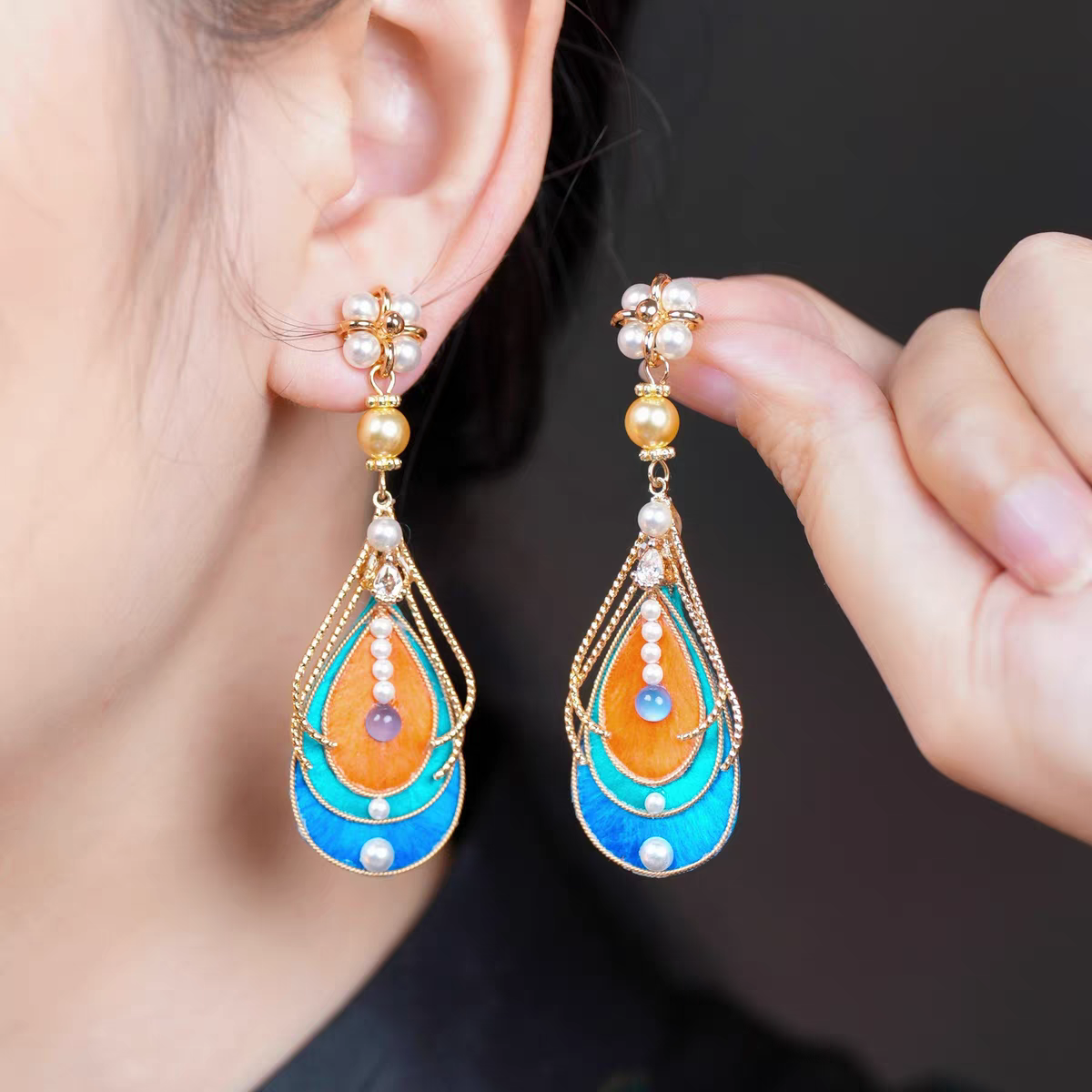 Chinese Ronghua Flower Earrings | Traditional Chinese Handmade Floral Earrings | Elegant Cultural Gift