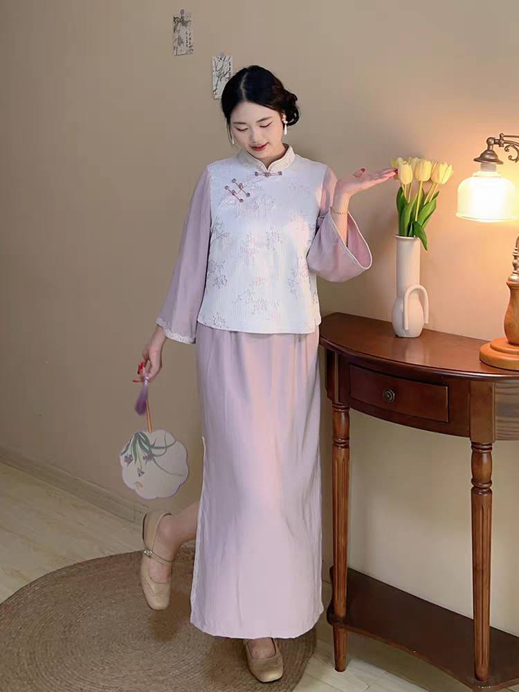 Dress假两件粉色清新大码新中式设计连衣裙L-5XL