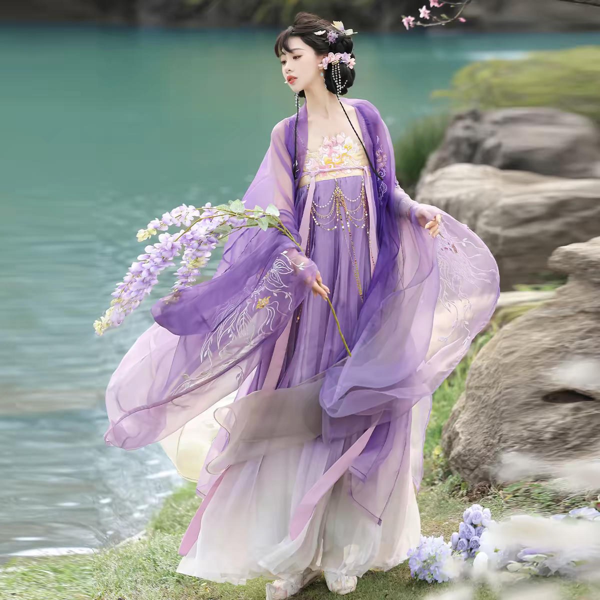 Tang Dynasty Style Chest-High Ruqun & Embroidered Oversleeves Set – Ethereal Fairy-Core for Spring/Summer