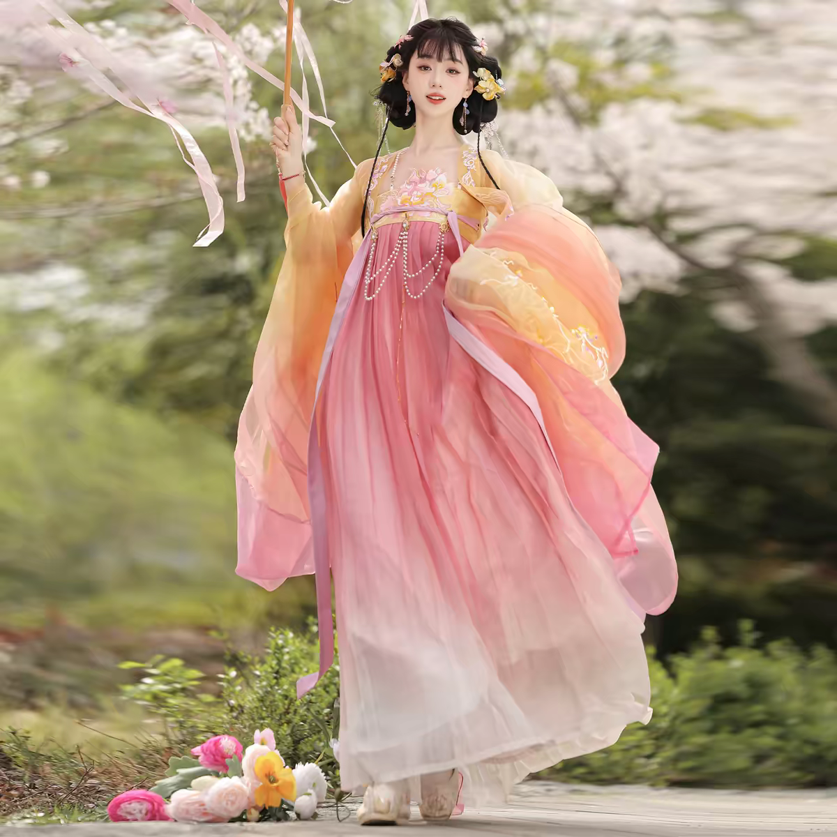 Tang Dynasty Style Chest-High Ruqun & Embroidered Oversleeves Set – Ethereal Fairy-Core for Spring/Summer