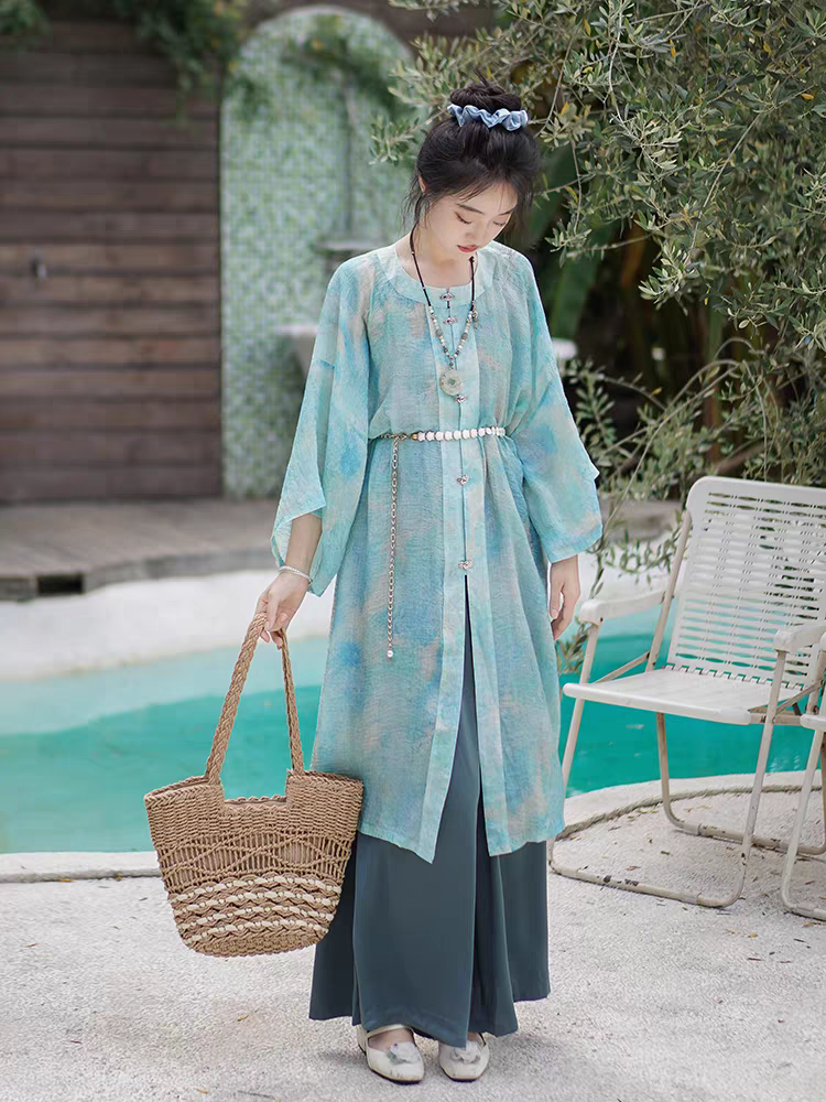 Round-neck, front-opening long shirt and Song-style trousers汉服圆领对襟长衫宋裤配套日常通勤禅意穿搭S-L