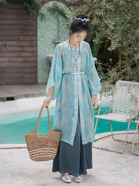 Hanfu round neck front-opening long shirt and Song trousers paired with everyday commuting Zen-inspired outfit SL