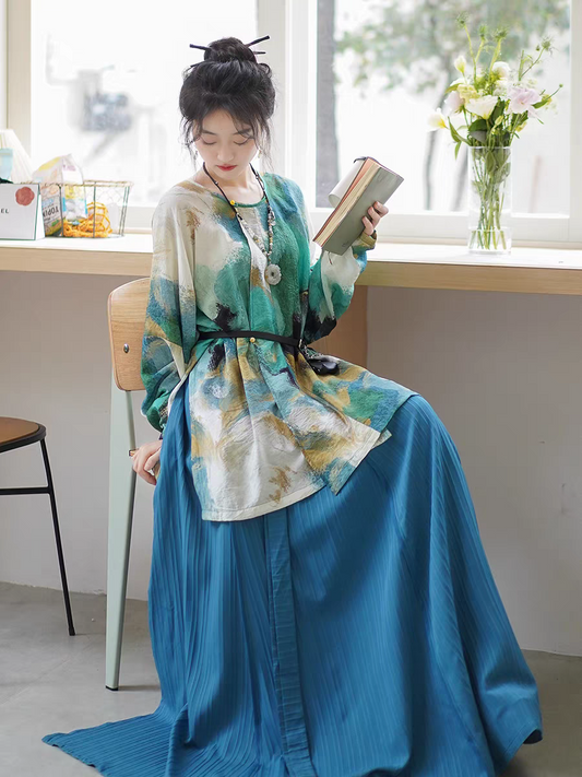 Hanfu round neck shirt, eight-piece skirt, belt with matching Han elements SL